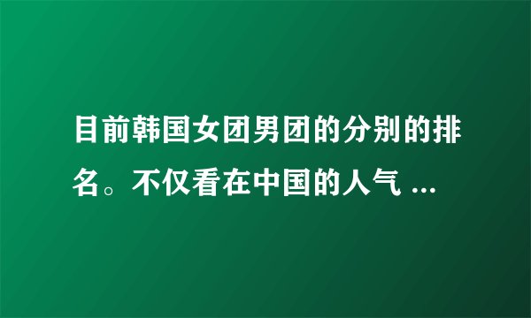 目前韩国女团男团的分别的排名。不仅看在中国的人气 还要看专辑销量 还有在国际上的影响力之类的。