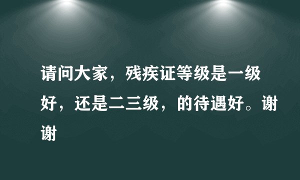 请问大家，残疾证等级是一级好，还是二三级，的待遇好。谢谢