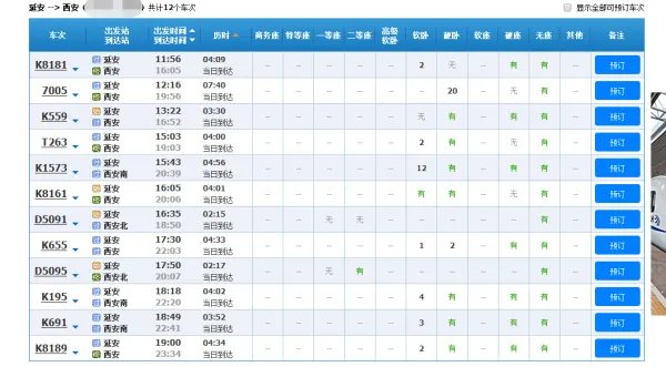 延安到西安火车时刻表