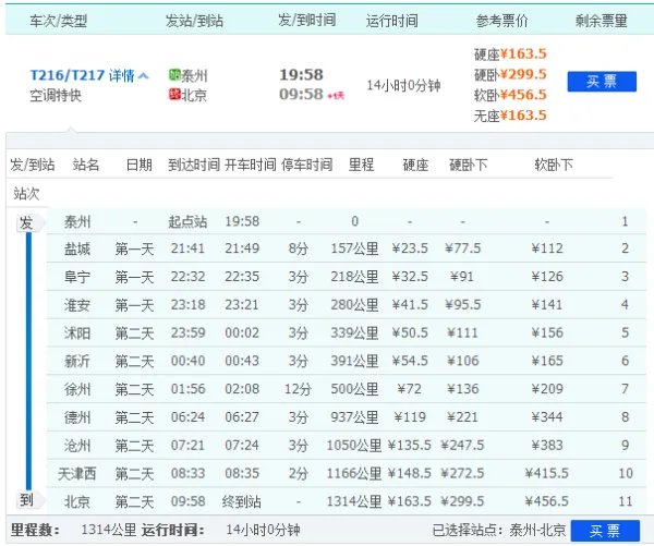 泰州至北京T216次火车经过哪些站