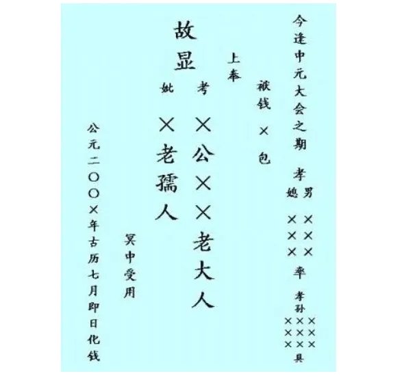 七月中元节烧包书写格式 中元节烧包怎么写