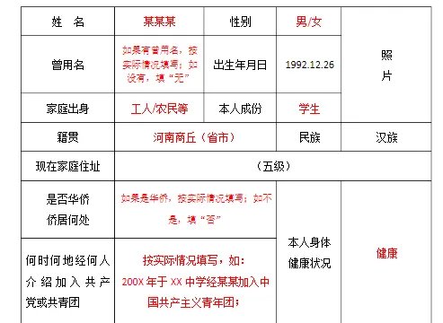 《高等学校毕业生登记表》填写样表模板