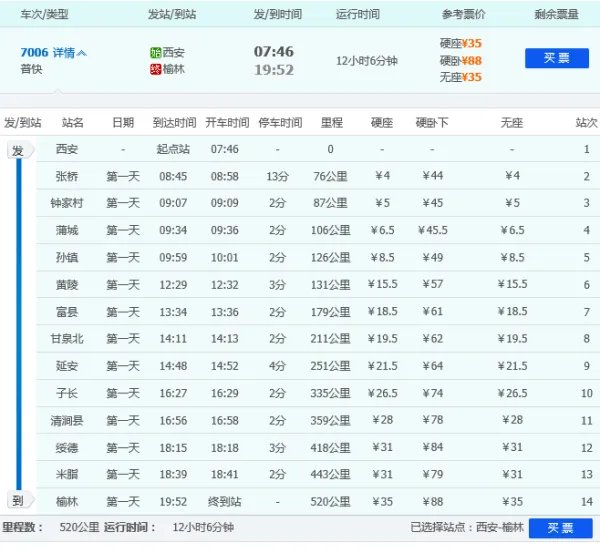 延安到西安火车时刻表