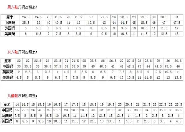欧洲尺码和中国尺码对照表