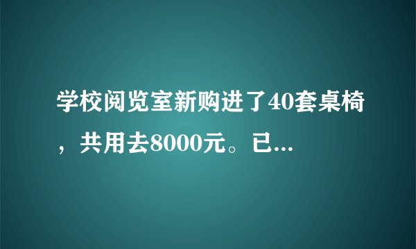 学校阅览室新购进了40套桌椅，共用去8000元。已知每把椅子75元，每张桌子多少元？解：设每张桌子x元。可以这样想：（）+（）=8000元列方程：（）也可以这样想：（    +    ）×（）=8000元列方程：（）