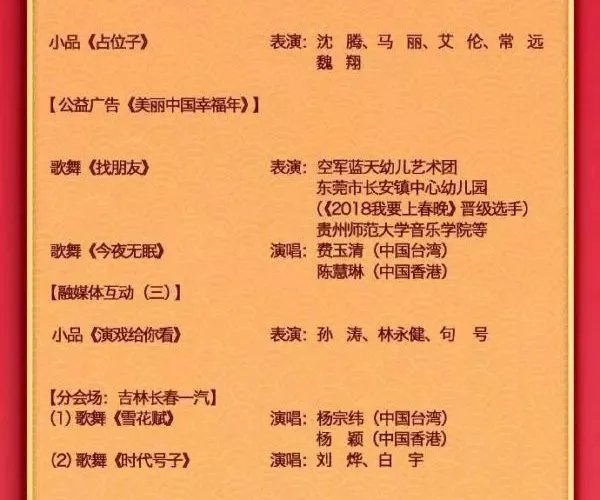 中央一台2019年春晚节目单