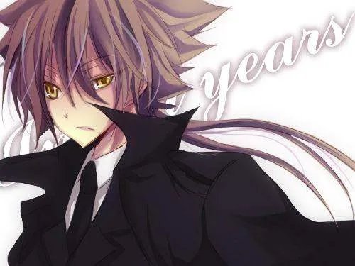 求一张动漫帅哥图，是一个男的穿着黑色西装，有点凌乱的头发，旁边还有一串英语