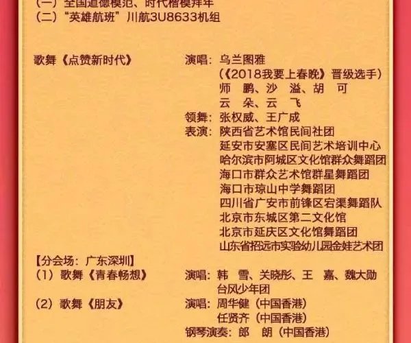 中央一台2019年春晚节目单