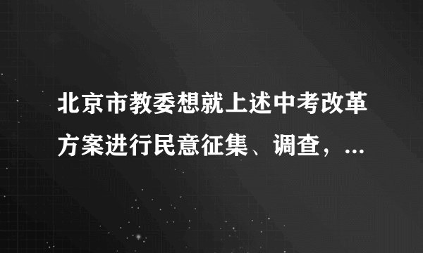 北京市教委想就上述中考改革方案进行民意征集、调查，请为北京市教委拟写一段告示的正文部分，欢迎公众提出宝贵意见、建议。（80字以内）关于对中考改革方案征询意见的告示       社会各界人士：                                                                              北京市教委×年×月×日。