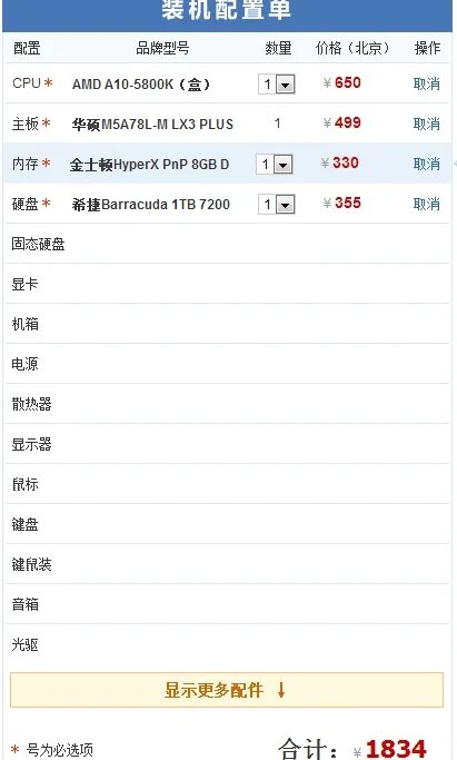 组装办公用电脑配置清单在200元左右2014