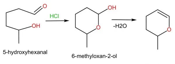 5-羟基己醛在干燥氯化氢存在下发生化学反应,主要产物是？