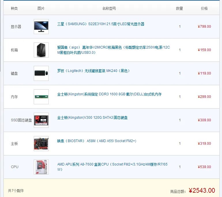 组装办公用电脑配置清单在200元左右2014