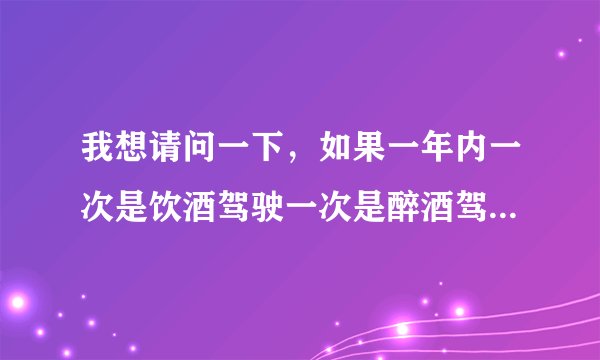 我想请问一下，如果一年内一次是饮酒驾驶一次是醉酒驾驶，第二次醉酒驾驶怎么处罚？是否会被吊销驾照？
