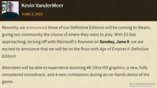 《帝国时代2：终极版》将亮相E3微软发布会 高清化、重制音乐还有4个新文明