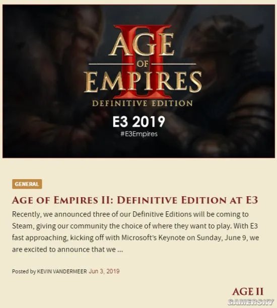 《帝国时代2：终极版》将亮相E3微软发布会 高清化、重制音乐还有4个新文明